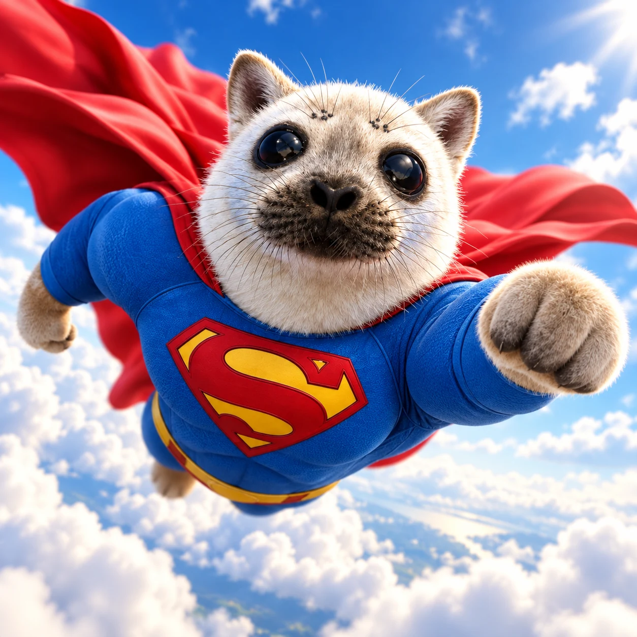 Super Seal flying through bright clouds with a paw stretched forward