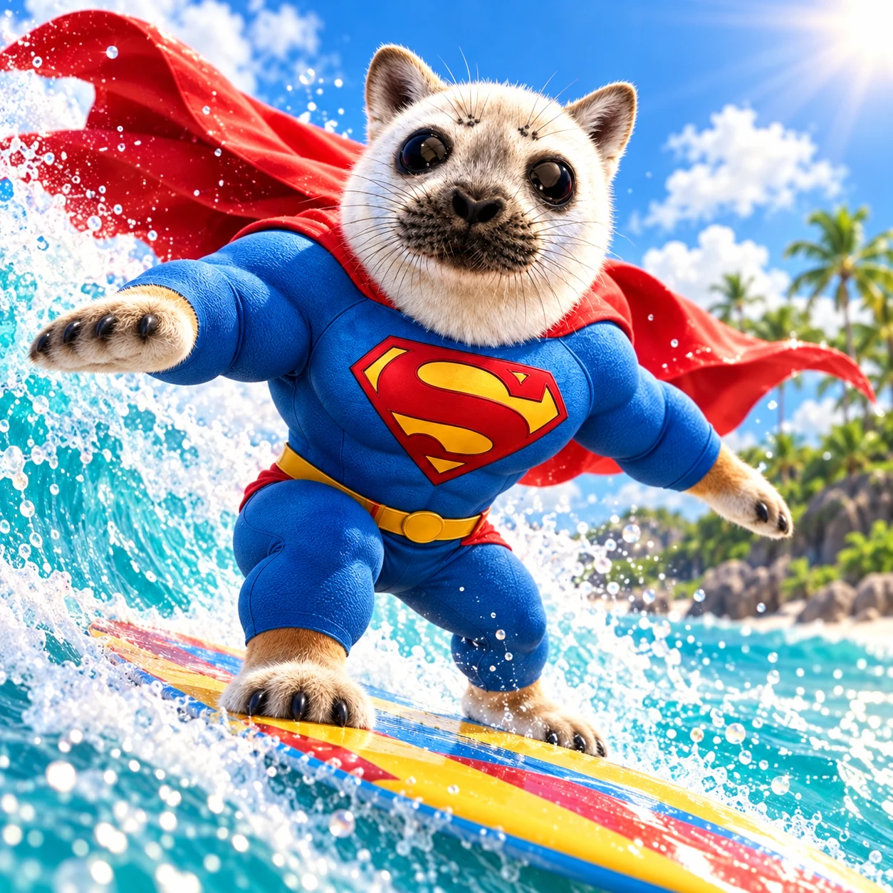 Super Seal riding a surfboard on a turquoise ocean wave