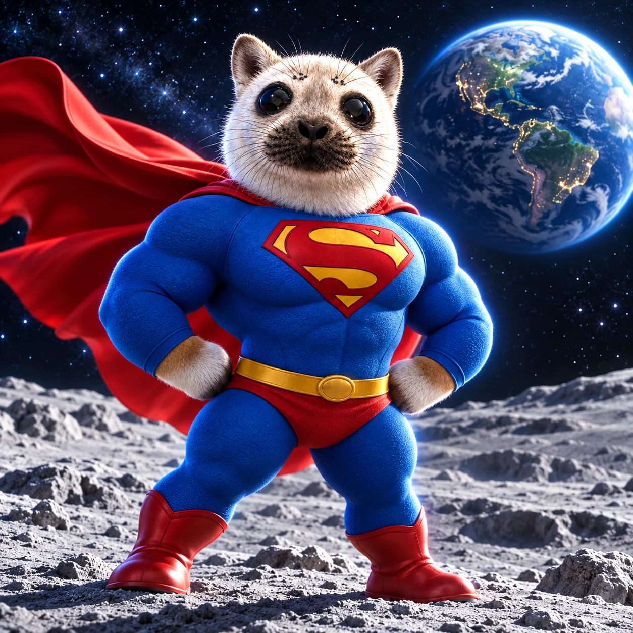 Super Seal standing on the Moon with Earth glowing in the sky
