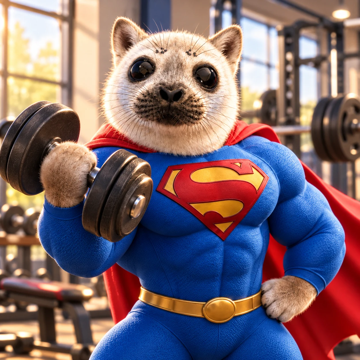 Super Seal lifting a dumbbell in a sunlit gym